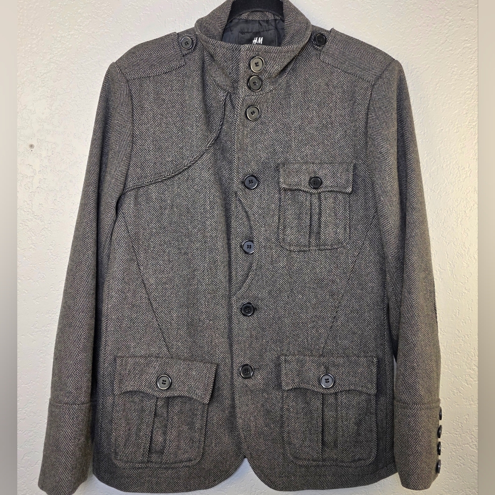 H&M Gray Wool Button Jacket -  Military Preppy Peacoat - Men's 40R